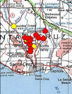 A red polygon indicates an extant occurrence; yellow indicates the occurrence has been extirpated. 